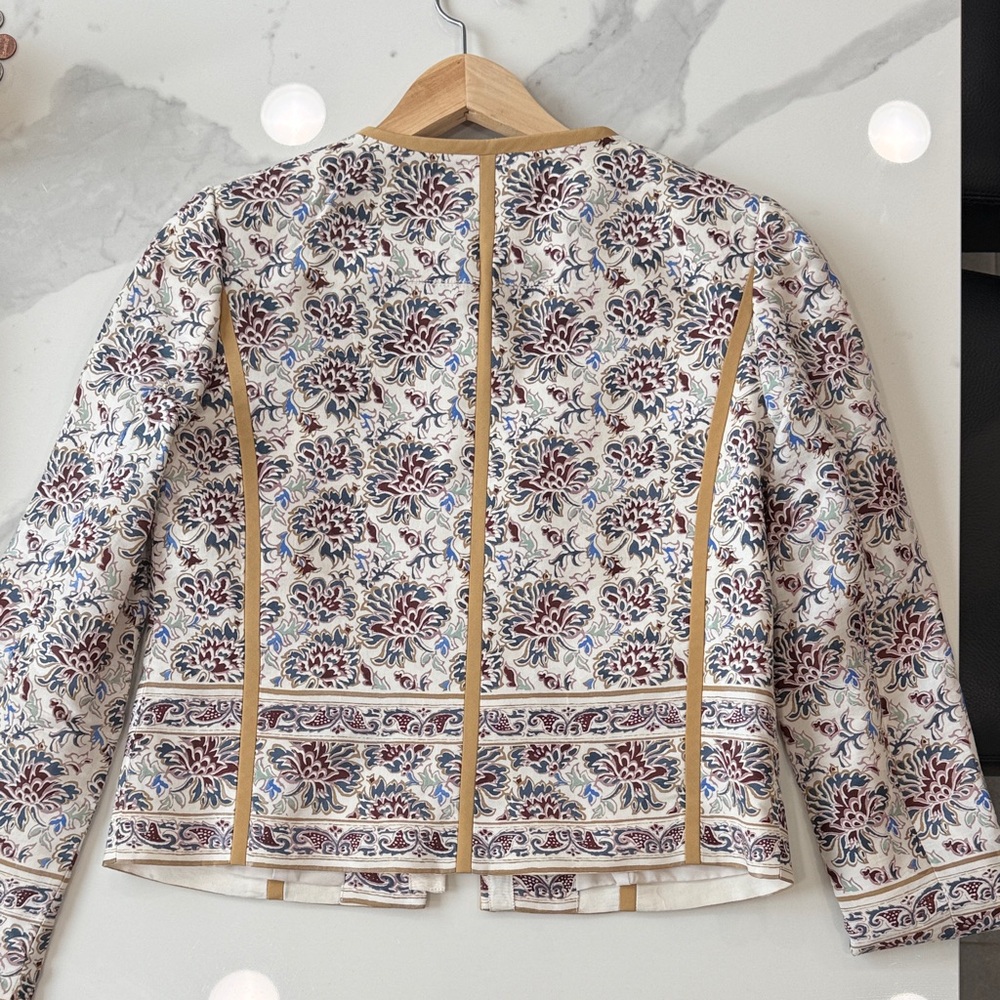 Tory Burch Floral Jacquard Crewneck Jacket with Tan Trim - Picture 2 of 11